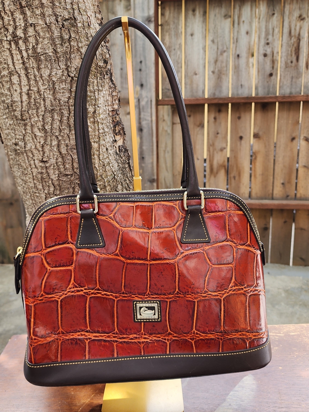 Dooney & Bourke Cognac Croco Embossed Leather Domed Satchel Bag 1C097 BQ